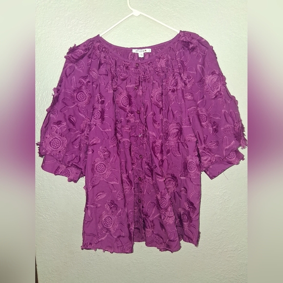Chico's NWT 3/4 Puff Sleeve Fashion Top Embroidered 3D Floral African Violet 20 - Picture 2 of 7